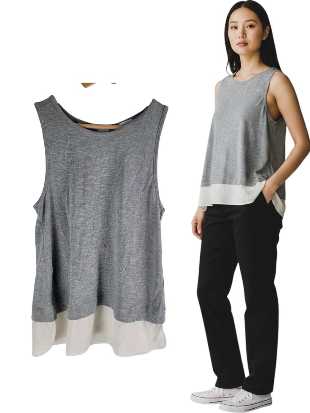 J Crew Keyhole Tank Top Chiffon Hem Gray Crew Neck Size M